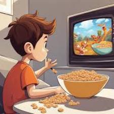Boy Watches Cartoons and Eats Cereal